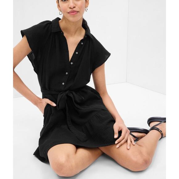 GAP Crinkle Gauze Flutter Sleeve Mini Shirtdress Black Large Belted Casual Indie - Picture 3 of 9